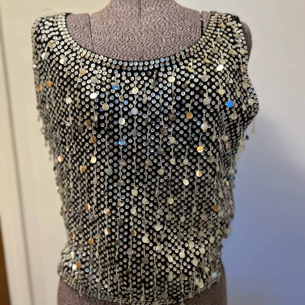 1960’s Glam Sequin Embellished Black and Silver Women's Top- Size S/M